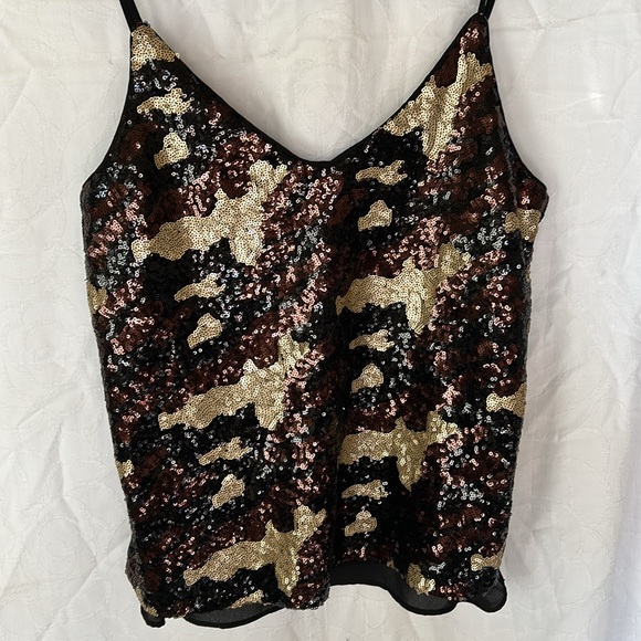 NWT THREE EIGHTY TWO sequined gold, black, and bronze evening top. Size Small. - Picture 2 of 9